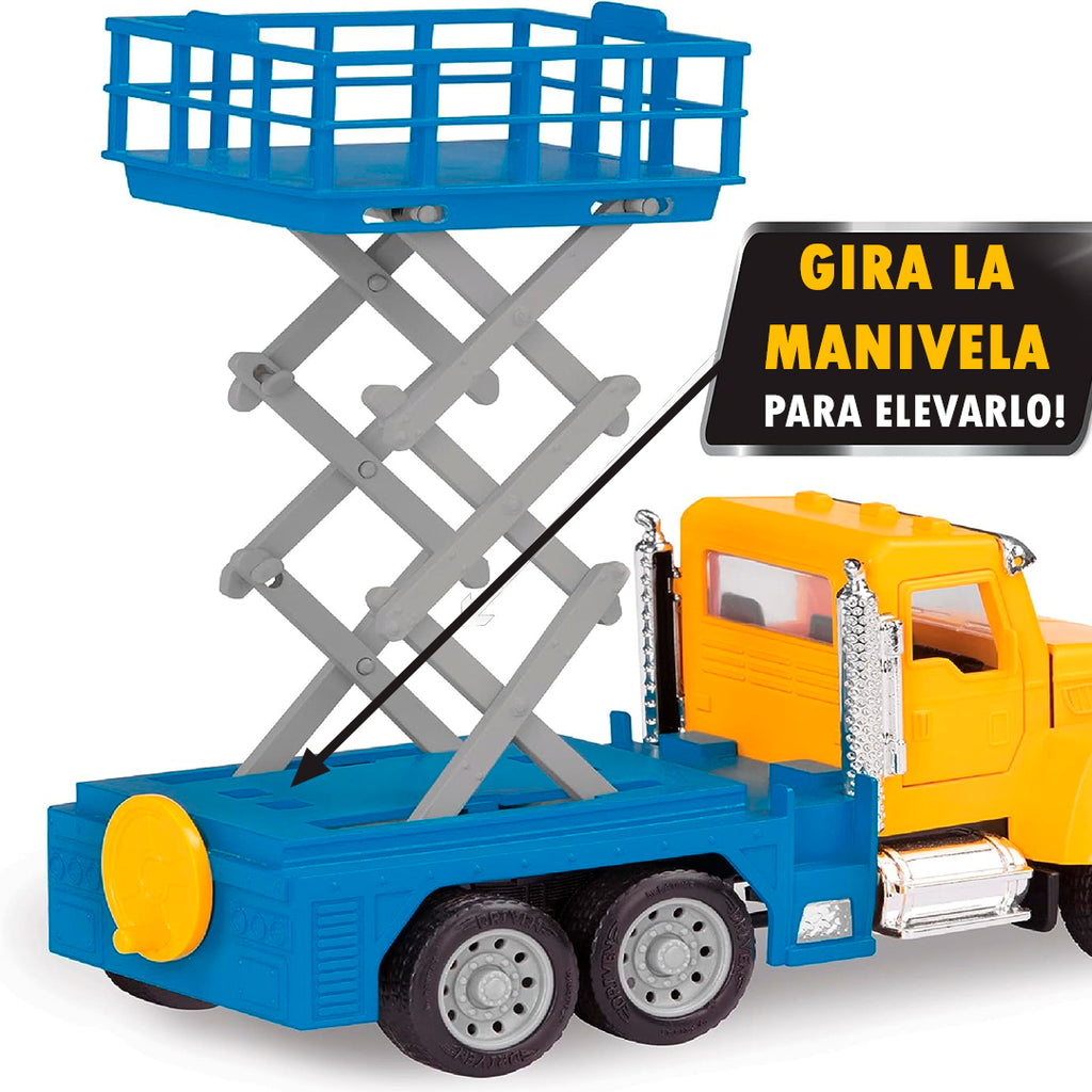 Camión elevador de juguete amarillo con luces led, WH1190 Micro scissor lift truck marca DRIVEN by Battat